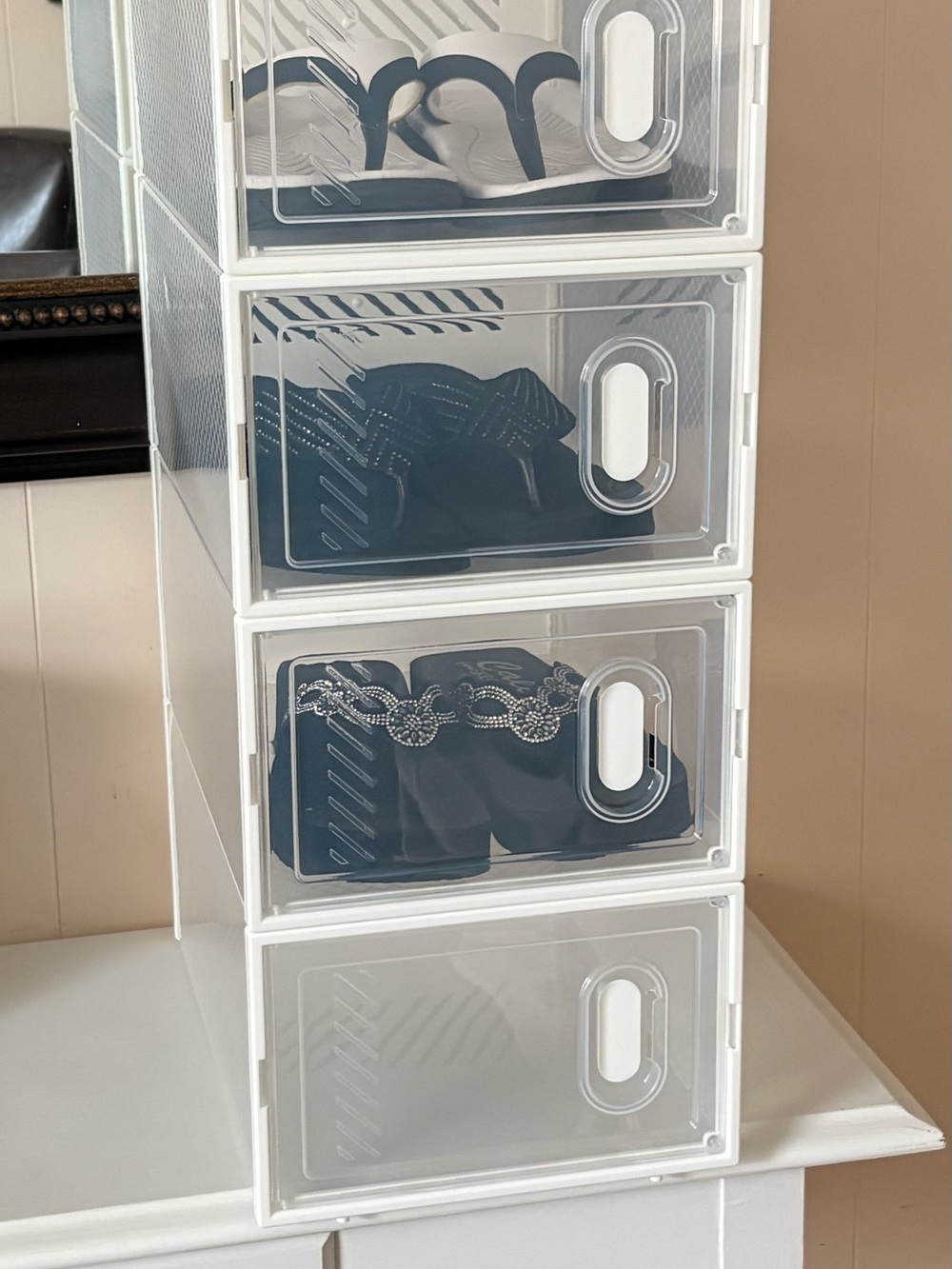 4 Clear Boxes  Modular Shoe Storage Tower - White Frame, Clear Drawers